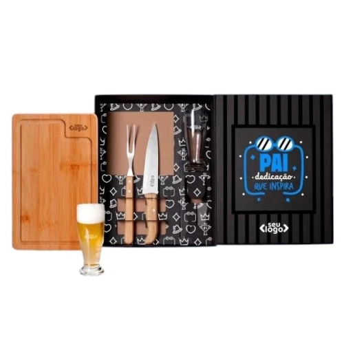 Kit Churrasco 5 Peças – Personalizado com Tábua de Bambu, Copos de Vidro e Utensílios em Inox-KT-9027L