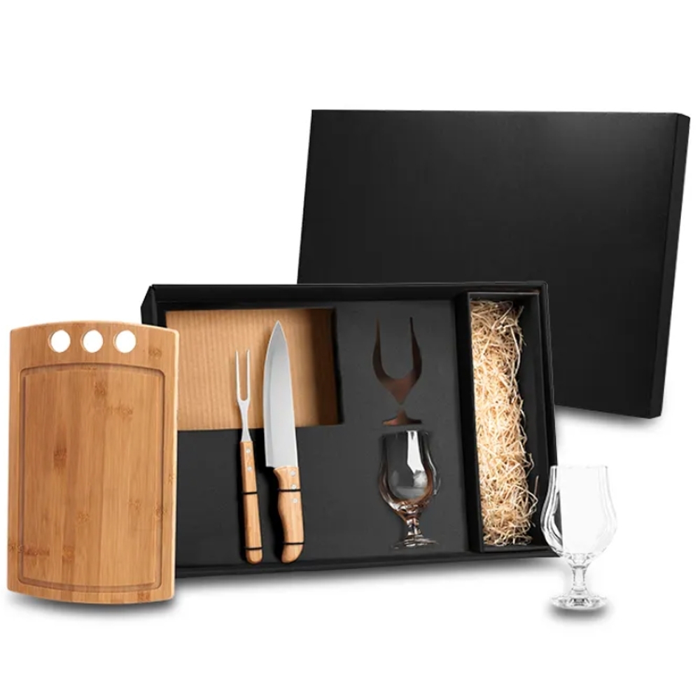 Kit Churrasco e Cerveja 5 Peças – Personalizado com Tábua em Bambu, Taças e Utensílios em Inox-KT-90017