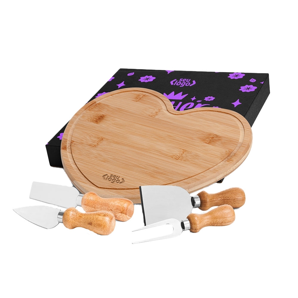 KIT QUEIJO COM TÁBUA FORMATO CORAÇÃO - 5 PÇS-*42043