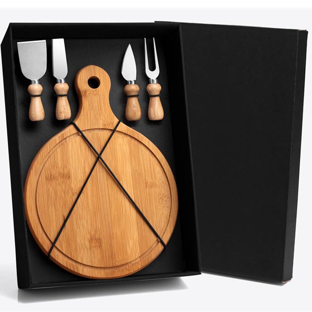 KIT PARA QUEIJO EM BAMBU E INOX COM TÁBUA REDONDA 5 PÇS
